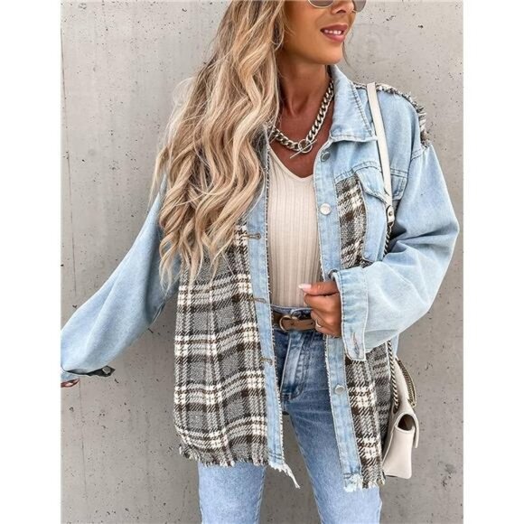 Light‎ Wash Plaid Printed Patchwork Oversized Denim Jean Shacket Jacket Top - Picture 1 of 7